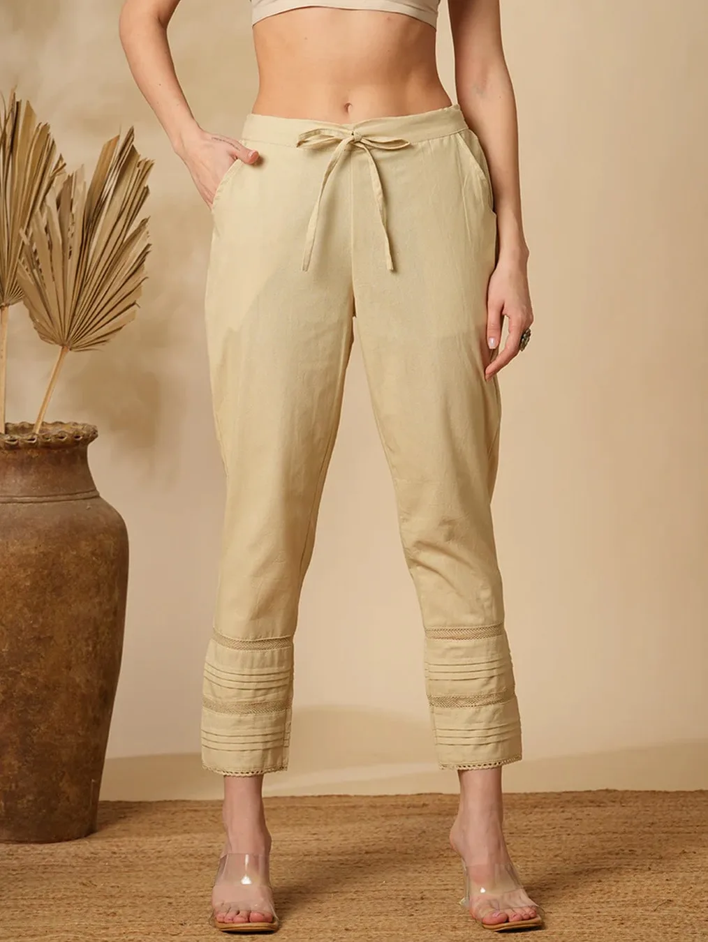 Beige Cotton Linen Straight Pants - Image 2