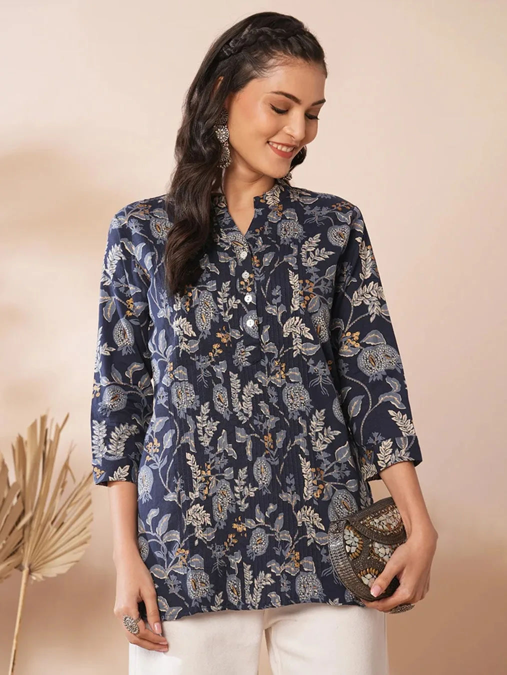 Blue Shirt with Floral Leaf Print - Image 2