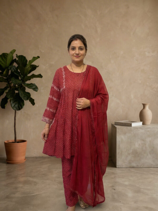 The Crimson Bandhej Peplum Suit Set.