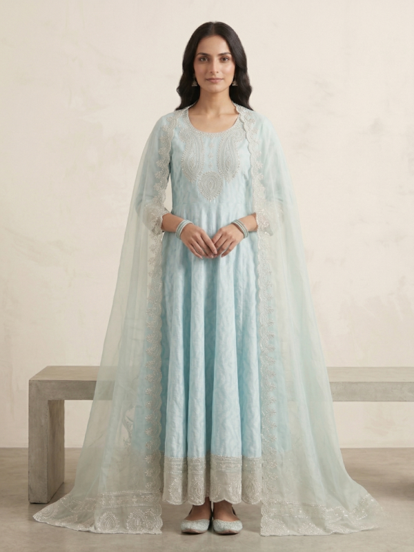 Sky Grace Embroidered Anarkali Set.