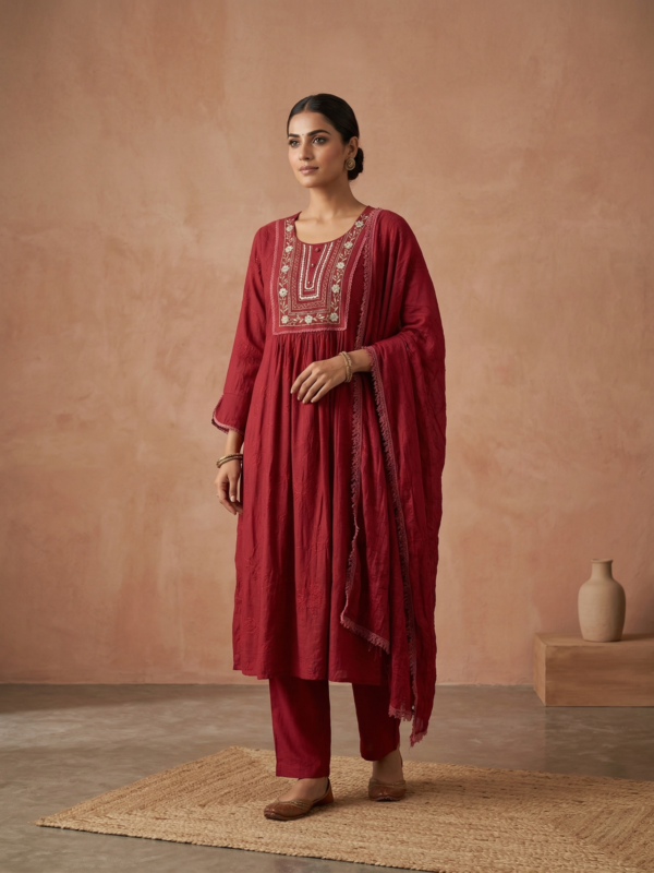 Ruby Elegance Embroidered Anarkali Set.