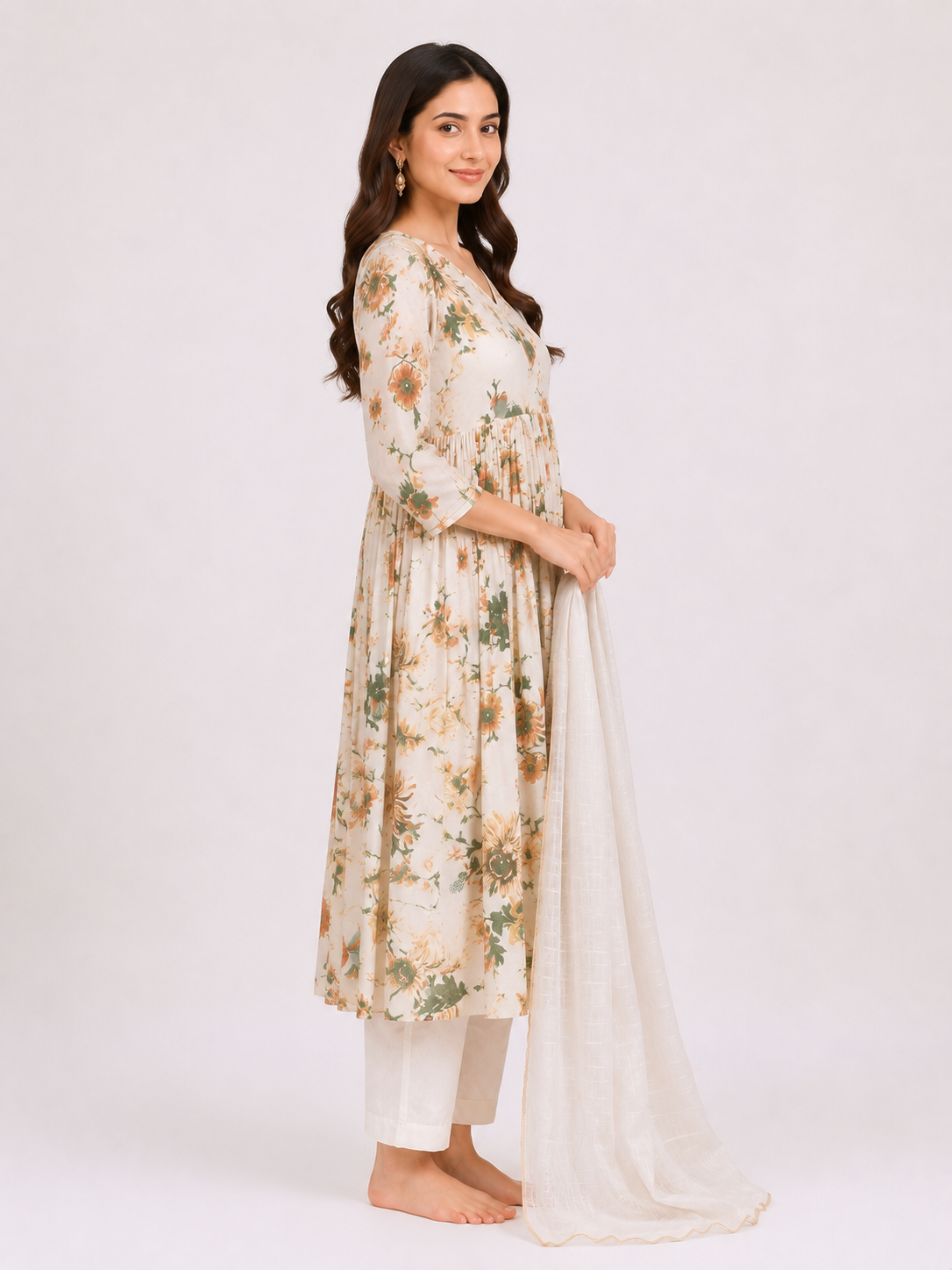 Elegant Cream Floral Anarkali Kurta Set with Dupatta - Image 2