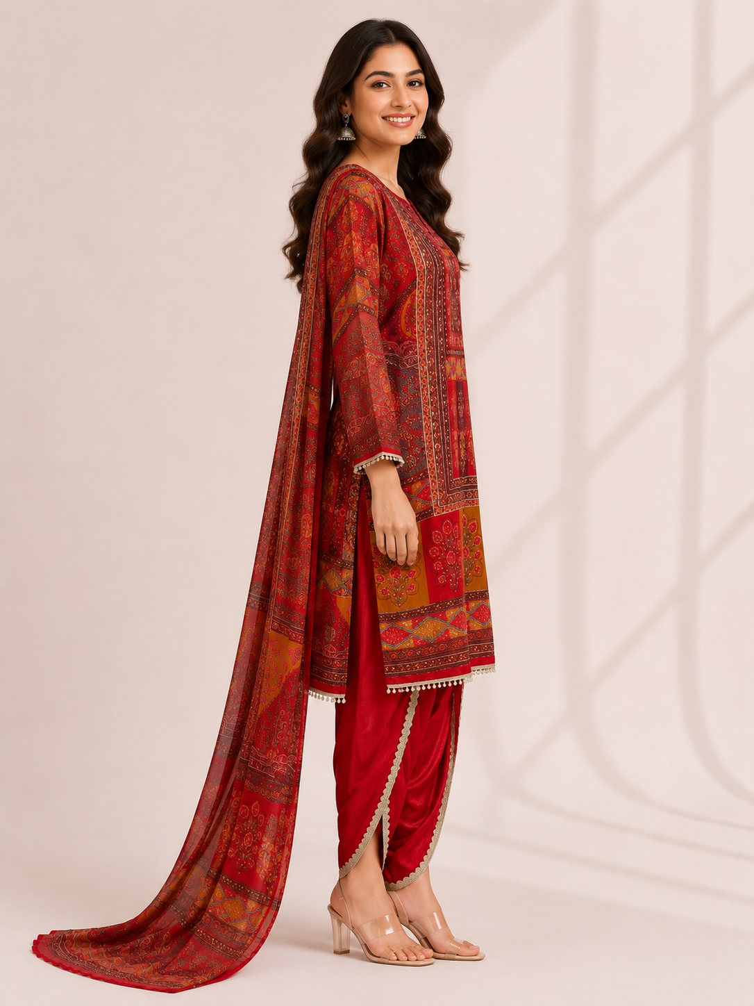 Elegant Red Printed Ethnic Suit Set with Dupatta - Image 2