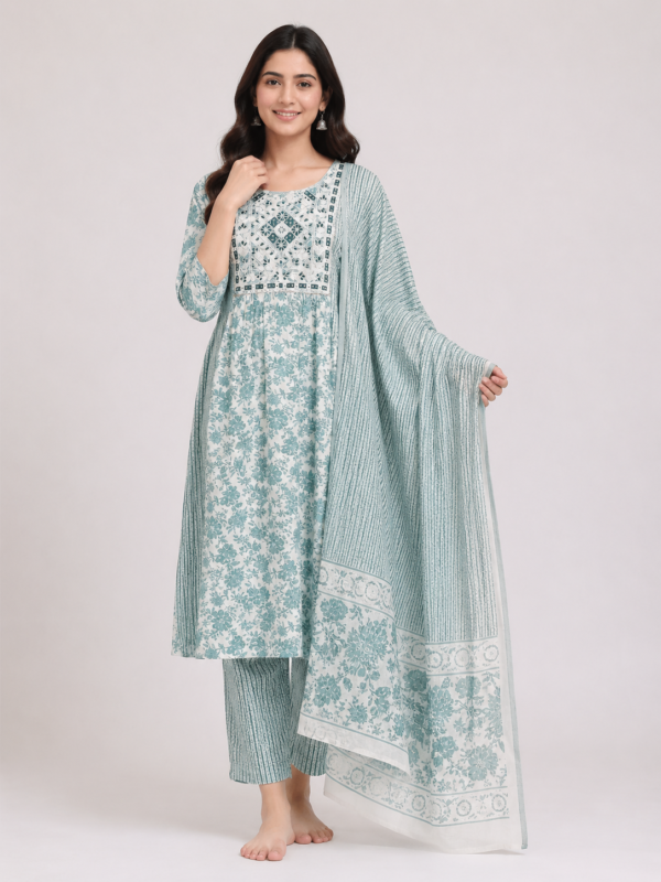 Elegant Mint Green Floral Kurta Set with Printed Dupatta