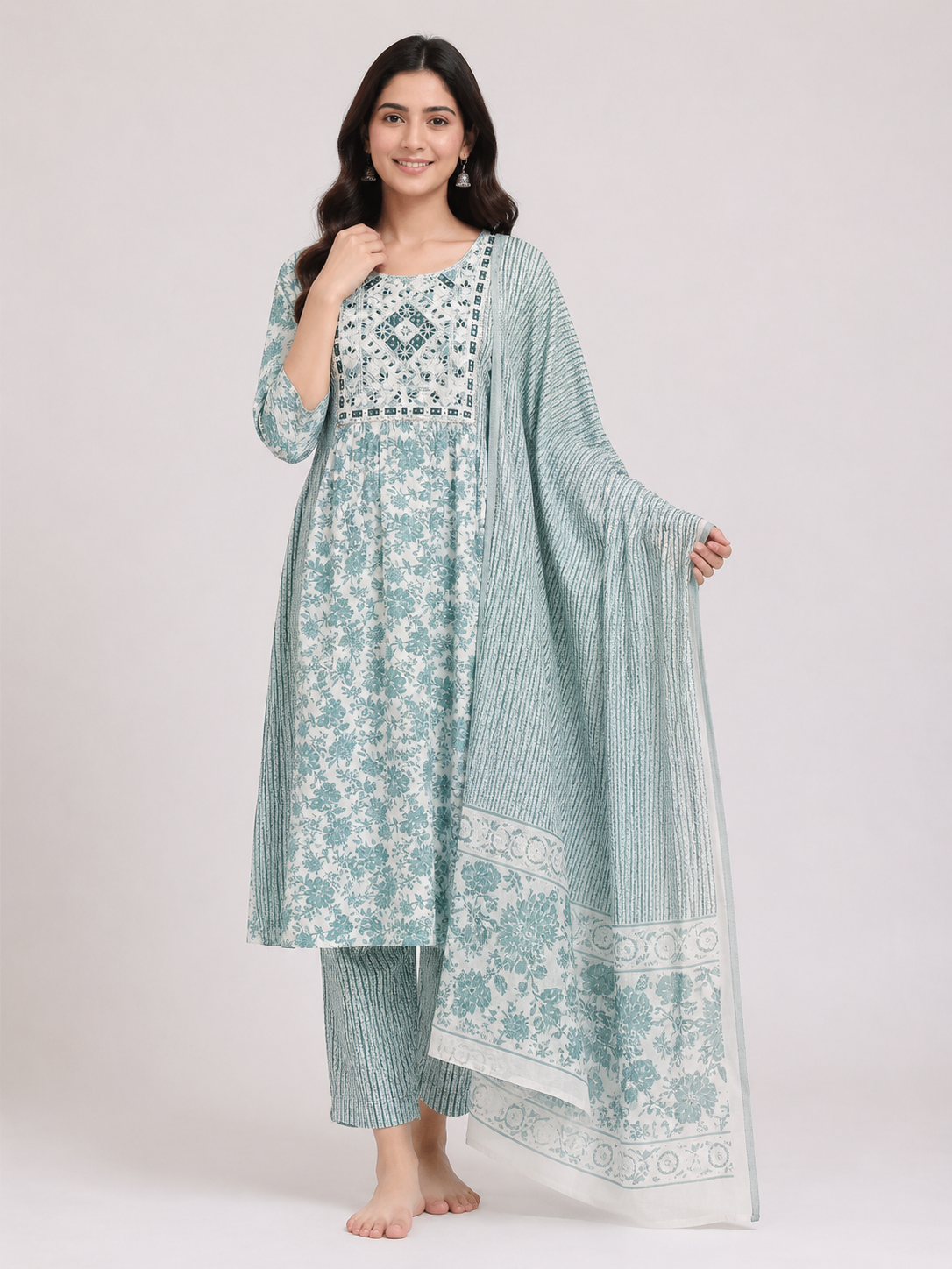 Elegant Mint Green Floral Kurta Set with Printed Dupatta