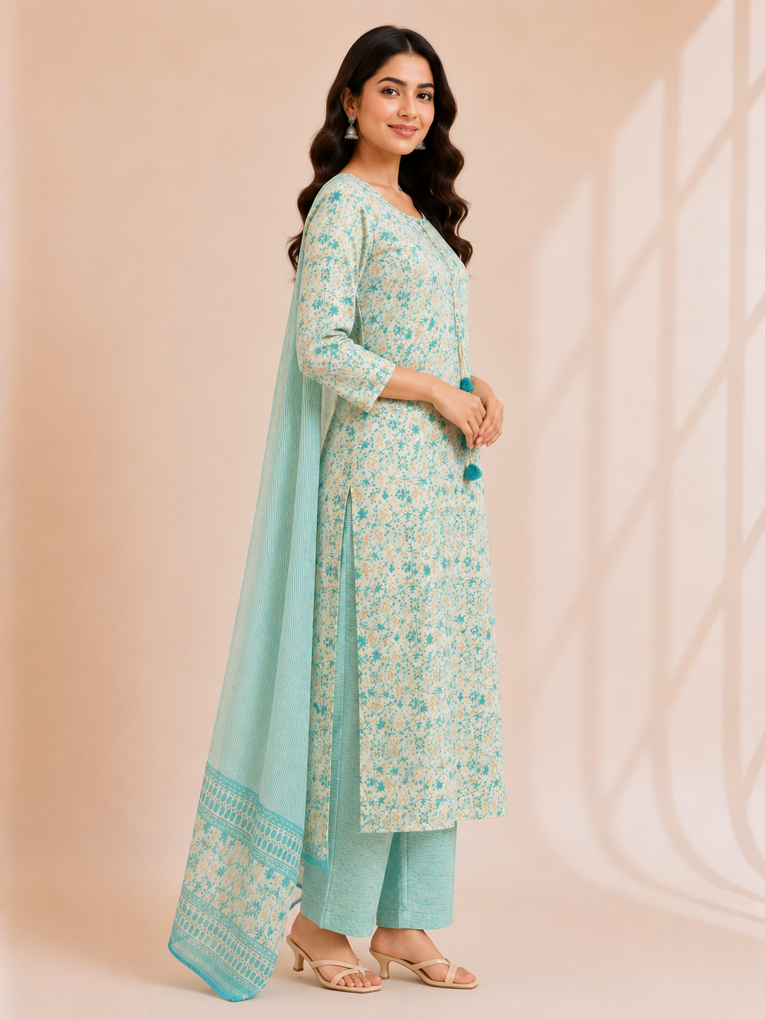 Elegant Mint Green Printed Suit Set with Dupatta - Image 2