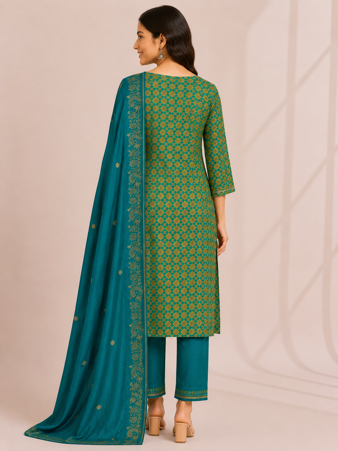 Elegant Teal Green Printed Suit Set with Dupatta - Image 4