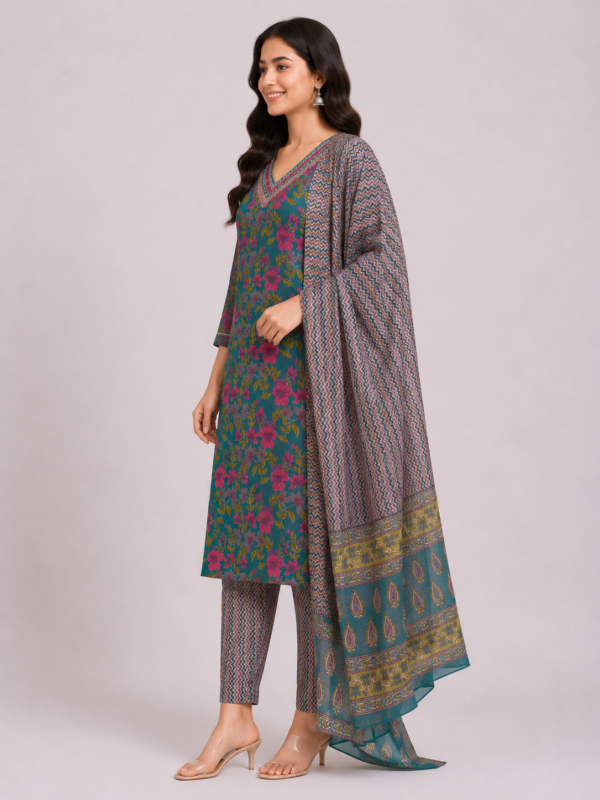 Elegant Teal Floral Printed Kurta Pant Set with Designer Dupatta