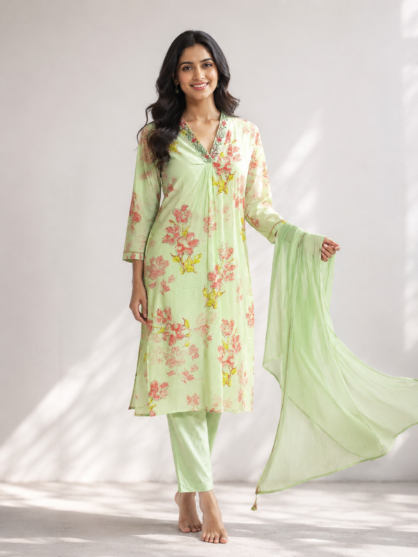 Elegant Pastel Green Floral Printed Suit Set with Dupatta