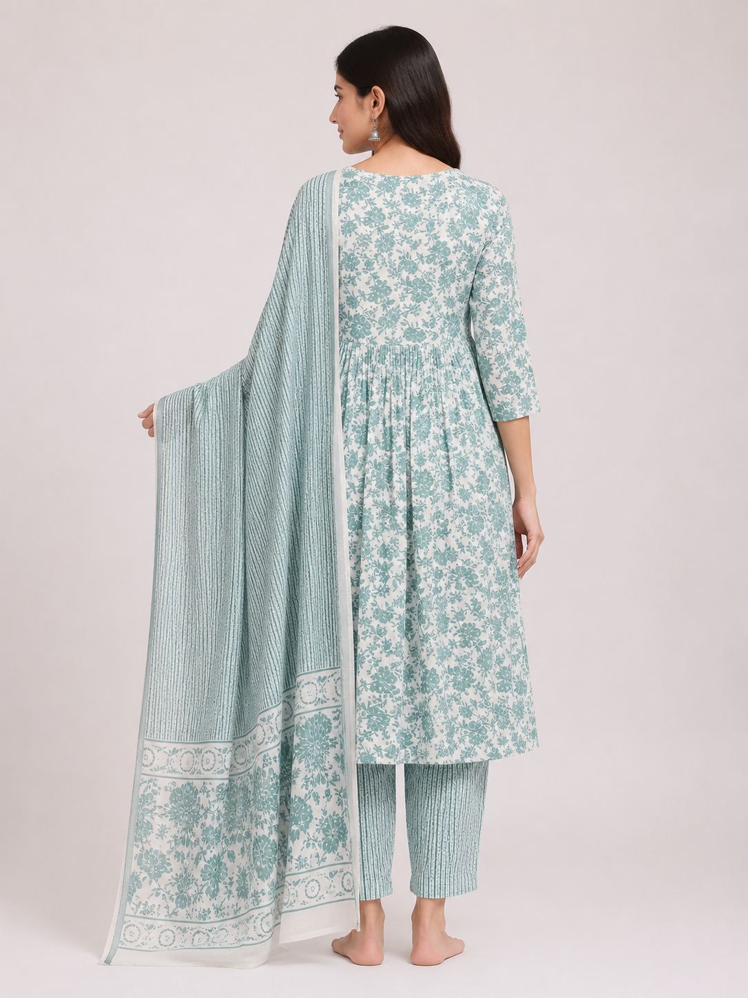 Elegant Mint Green Floral Kurta Set with Printed Dupatta - Image 4