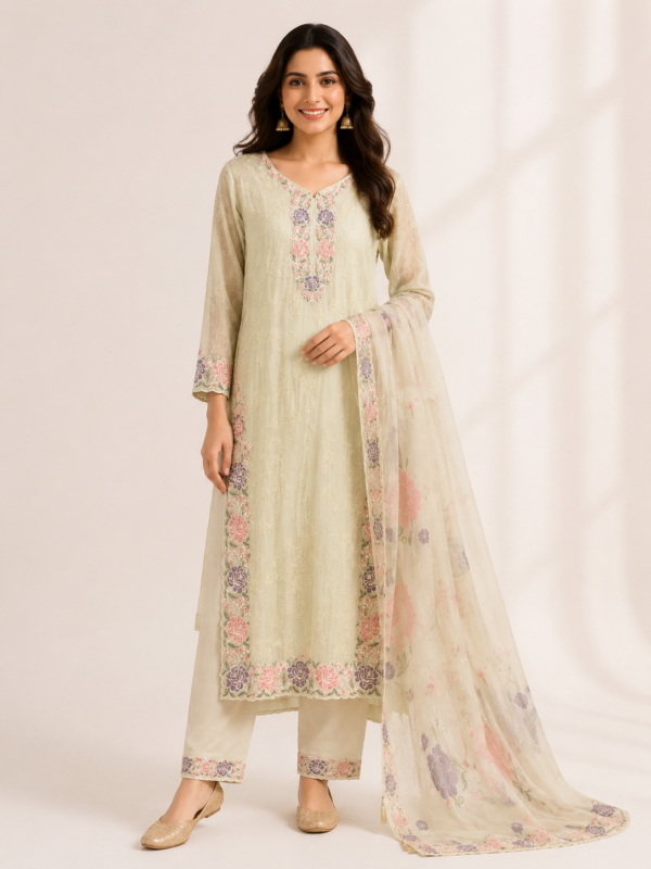 Elegant Cream Floral Embroidered Suit Set with Dupatta