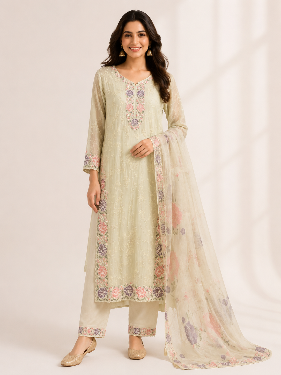 Elegant Cream Floral Embroidered Suit Set with Dupatta