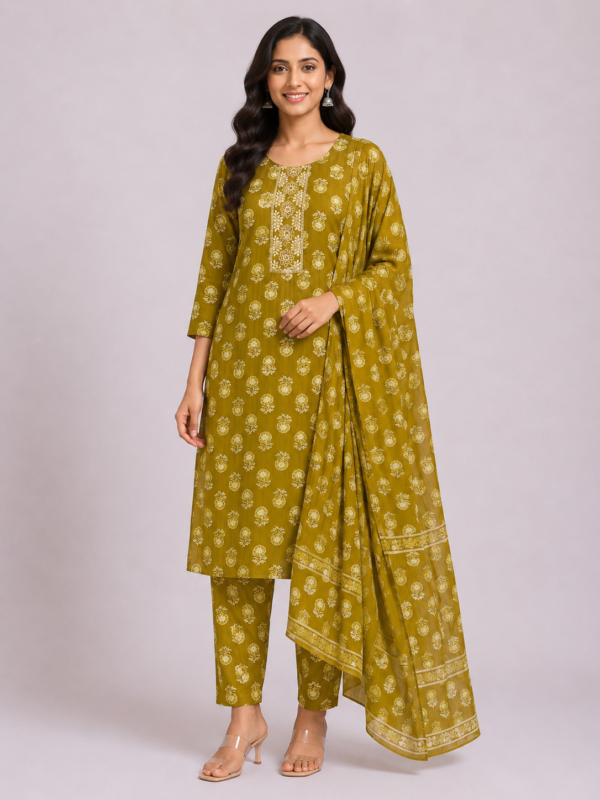 Elegant Mustard Yellow Printed Kurta Pant Set with Dupatta