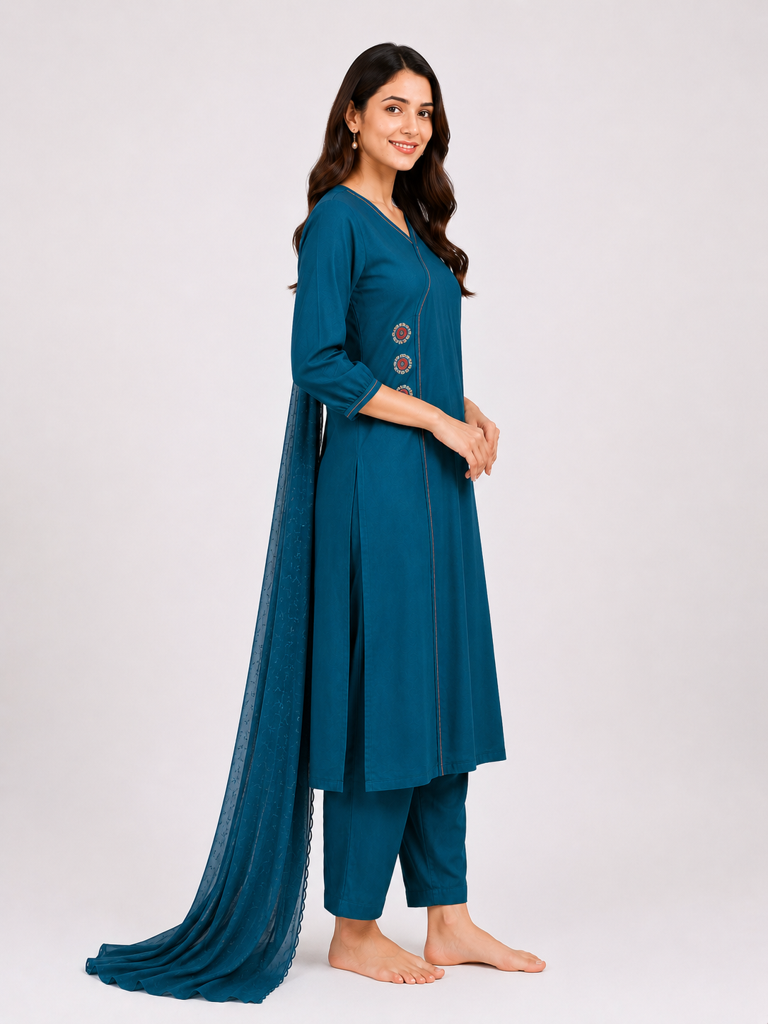 Elegant Teal Blue Straight Kurta Set with Dupatta - Image 2