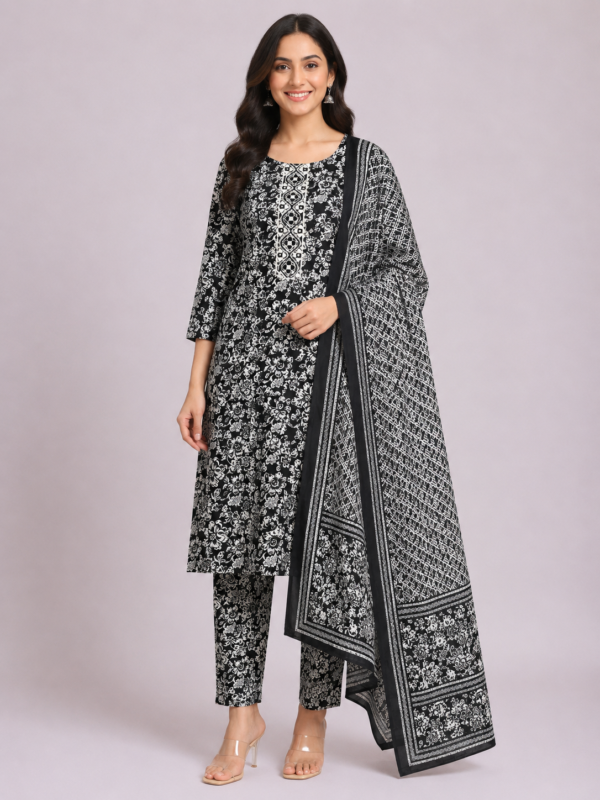 Elegant Black & White Printed Kurta Pant Set with Dupatta