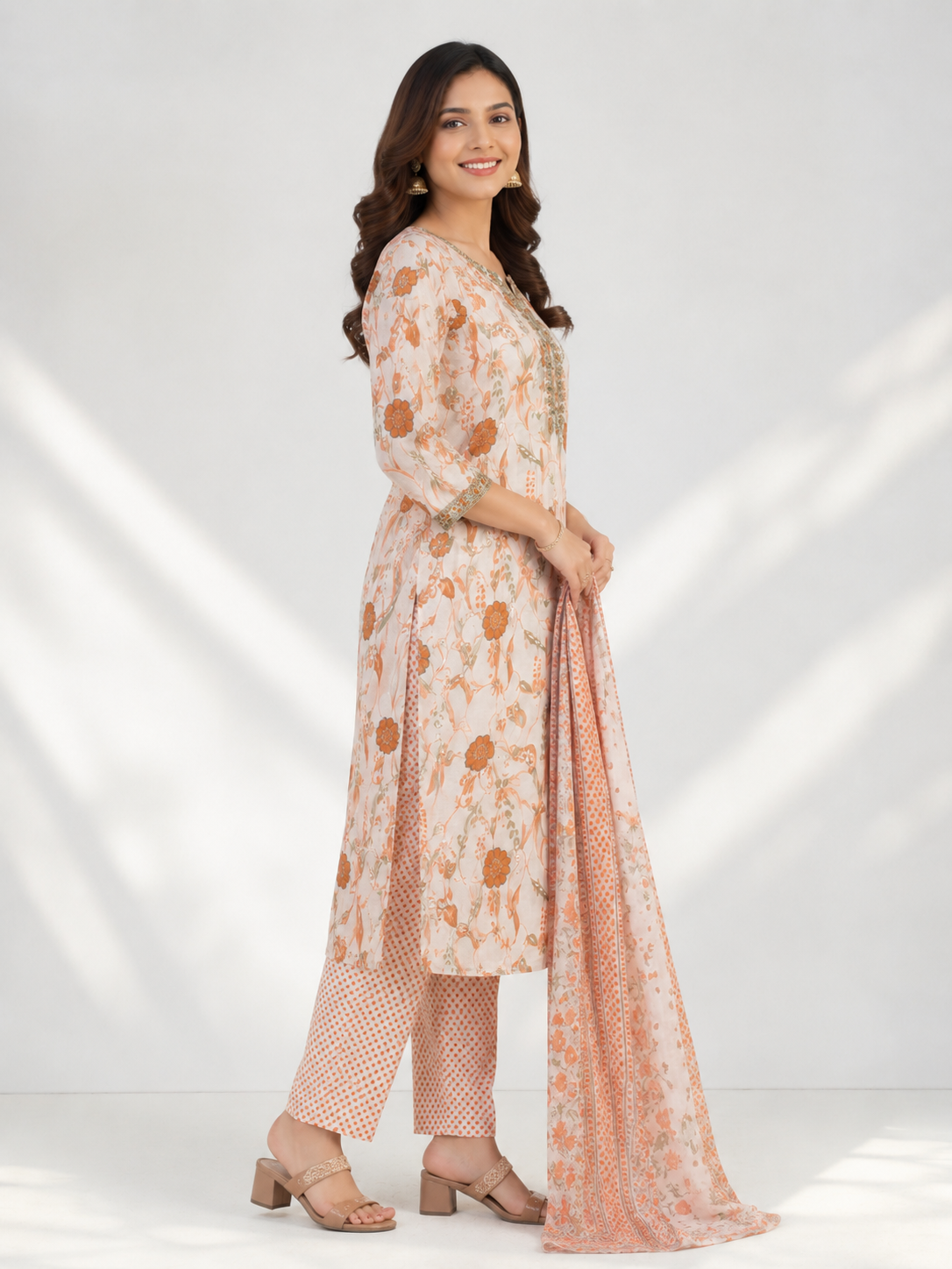 Elegant Peach Floral Printed Kurta Set with Dupatta - Image 2