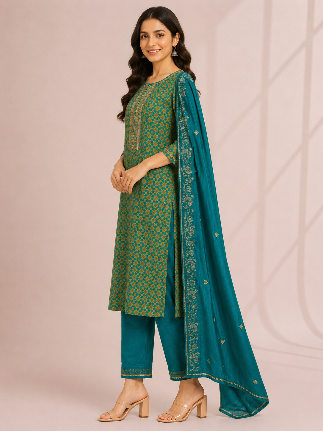 Elegant Teal Green Printed Suit Set with Dupatta - Image 3