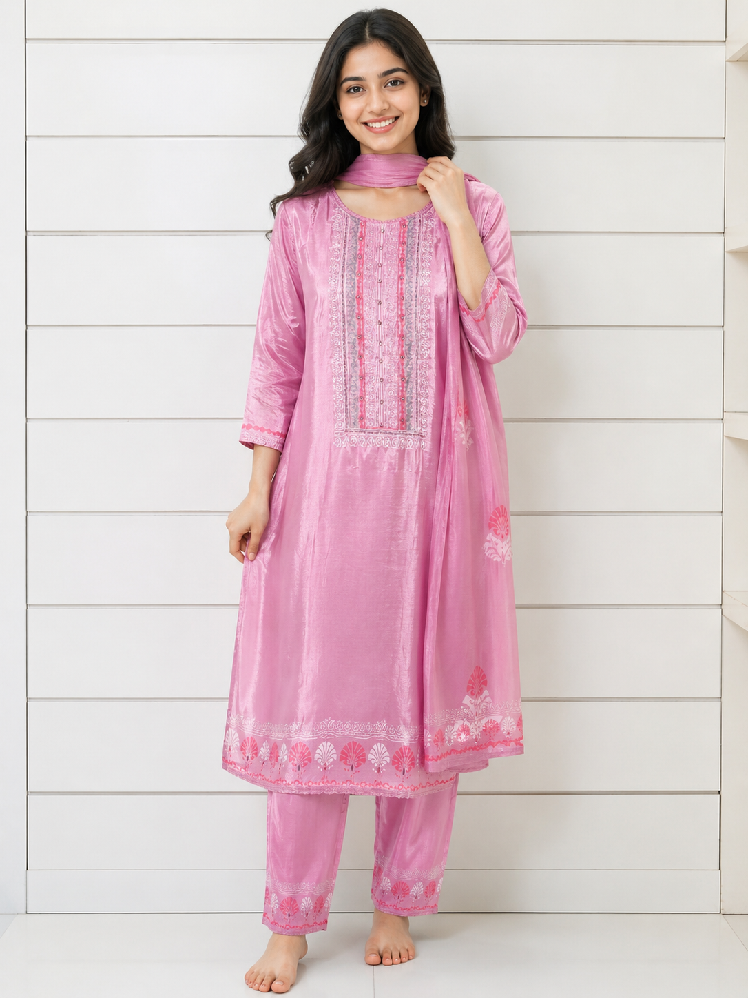 Elegant Pink Embroidered Kurta Set with Dupatta