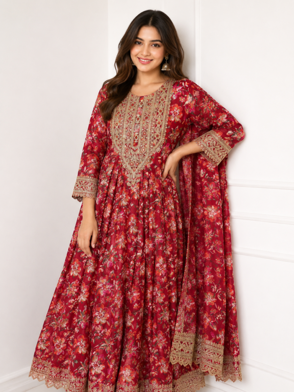Elegant Red Floral Anarkali Suit with Dupatta