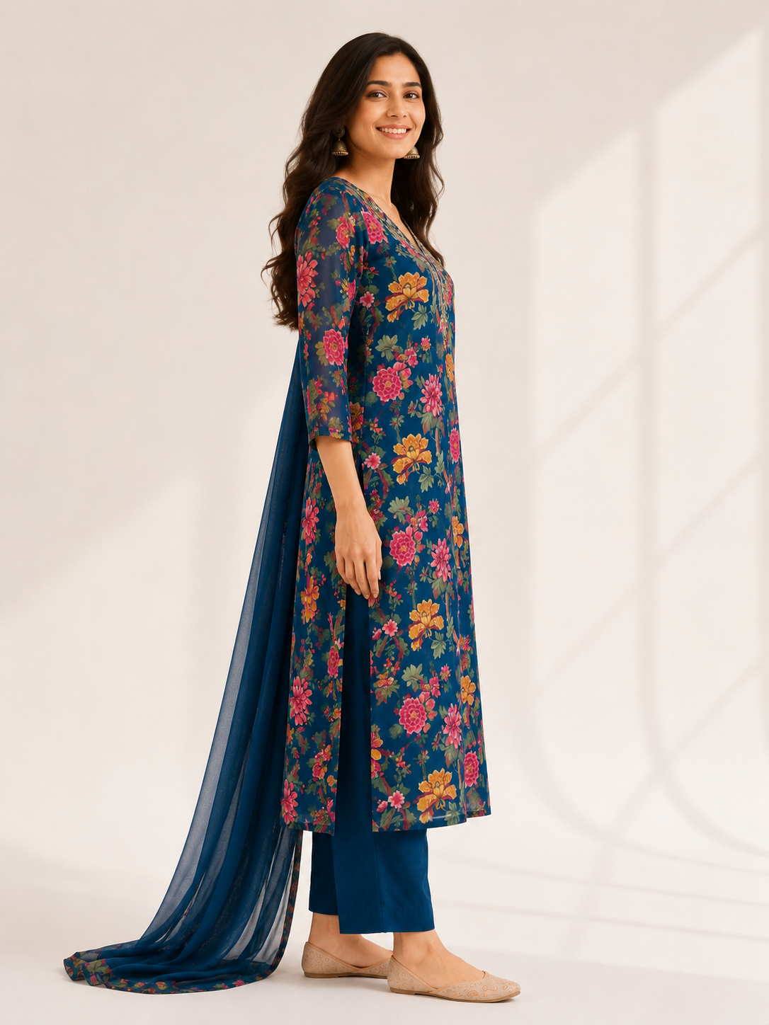 Elegant Navy Blue Floral Printed Suit Set with Dupatta - Image 2