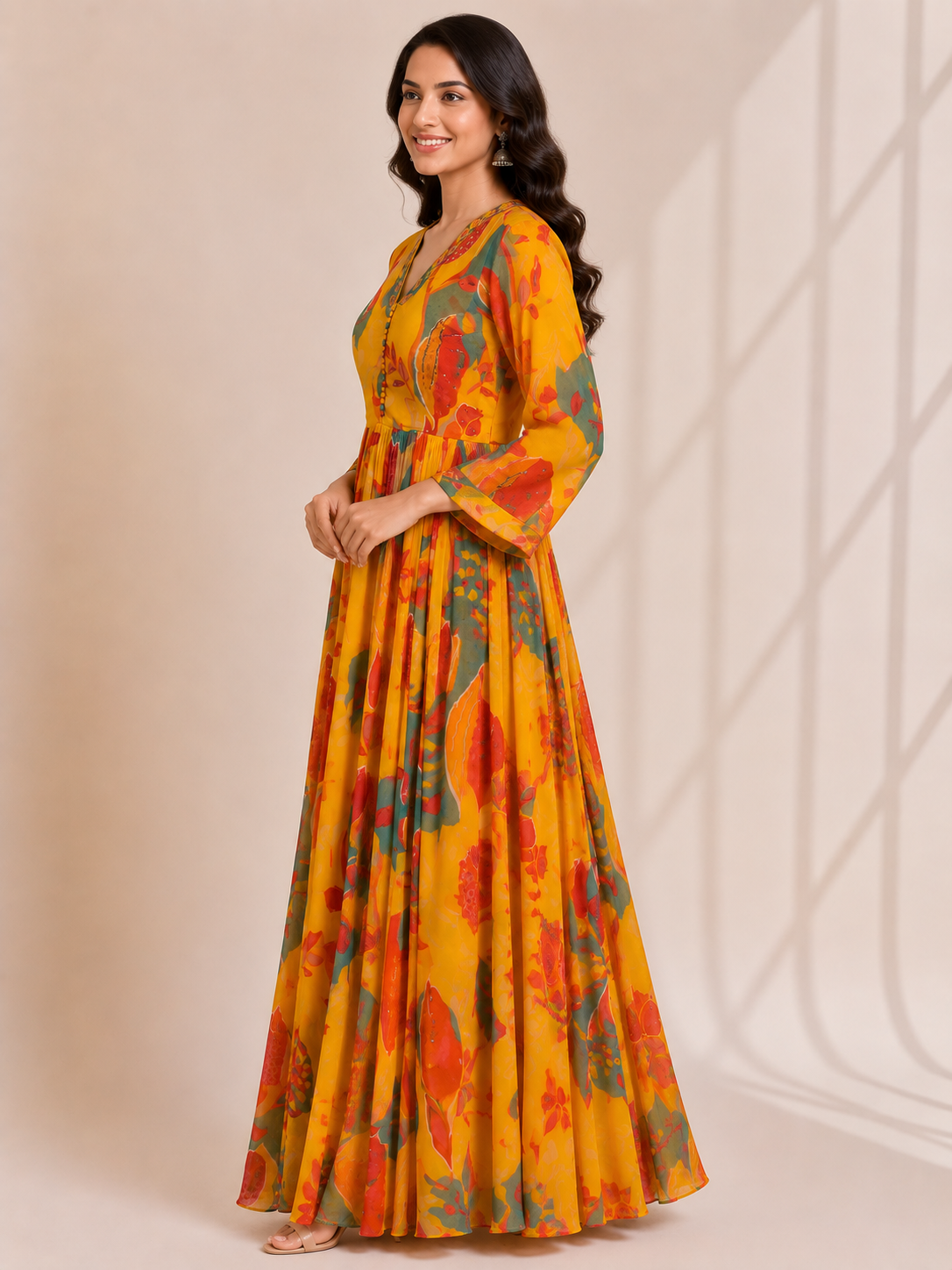 Elegant Yellow Floral Printed Maxi Dress for Women - Image 3