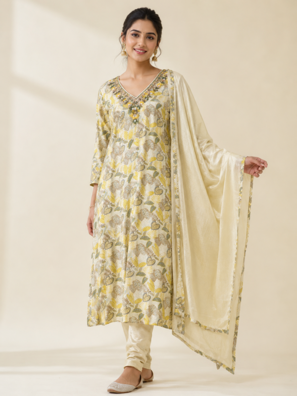 Elegant Cream Floral Printed Kurta Set with Dupatta