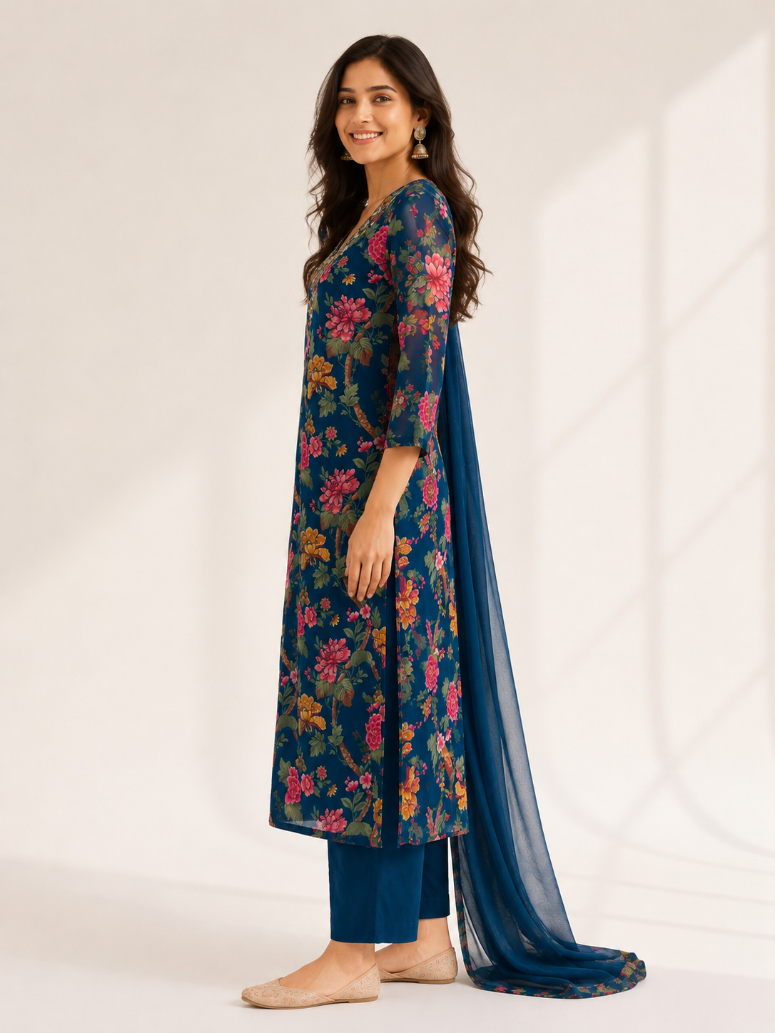 Elegant Navy Blue Floral Printed Suit Set with Dupatta - Image 3