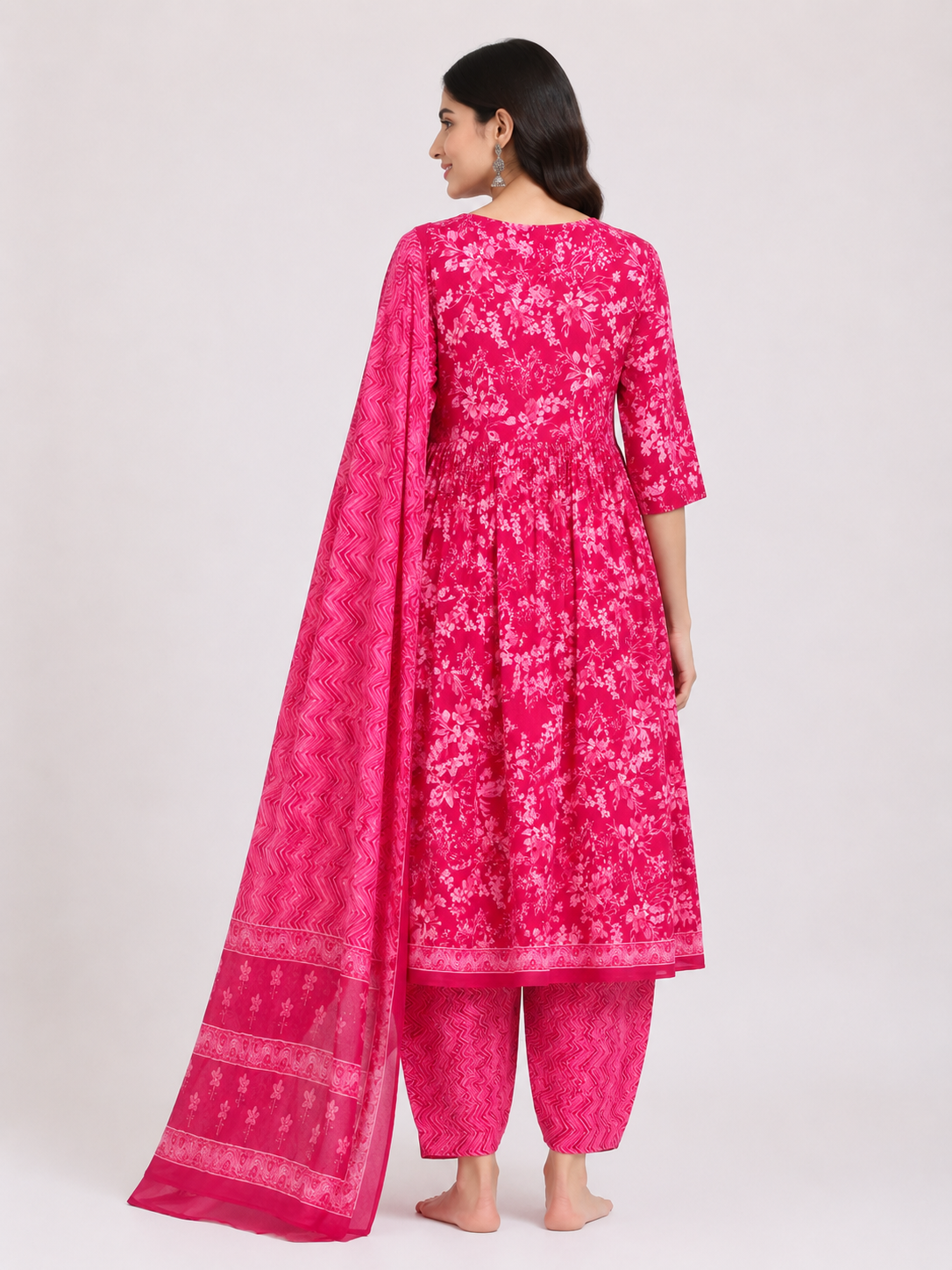 Stylish Pink Floral Printed Kurta Set with Dupatta - Image 2