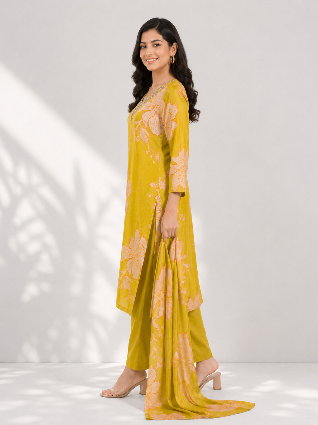 Elegant Mustard Yellow Floral Printed Kurta Set with Dupatta - Image 3