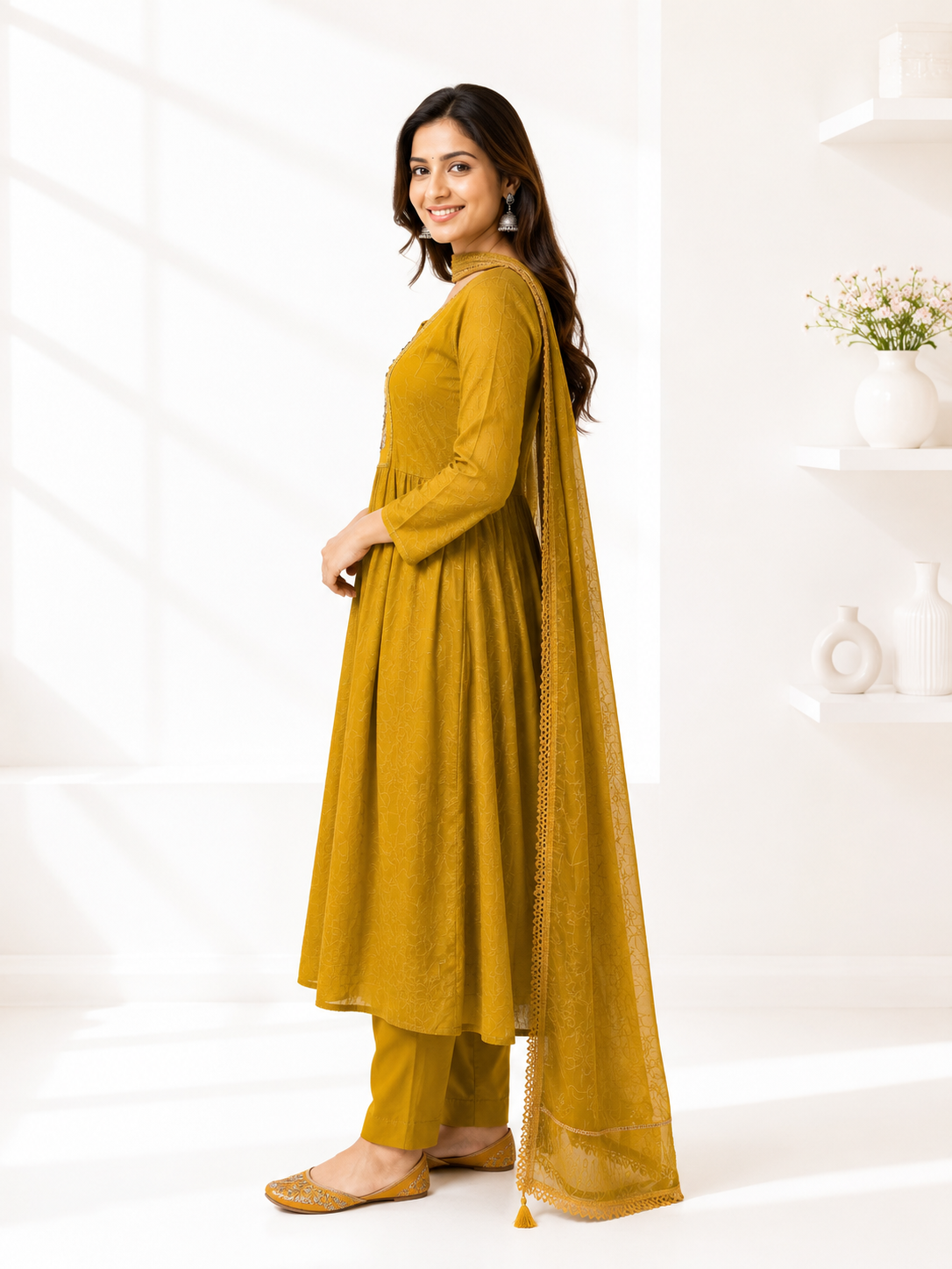 Elegant Mustard Embroidered Kurta Set with Dupatta - Image 2