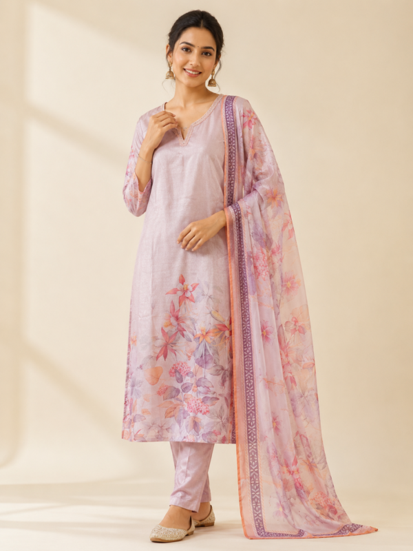 Elegant Pink Floral Printed Kurta Set with Dupatta