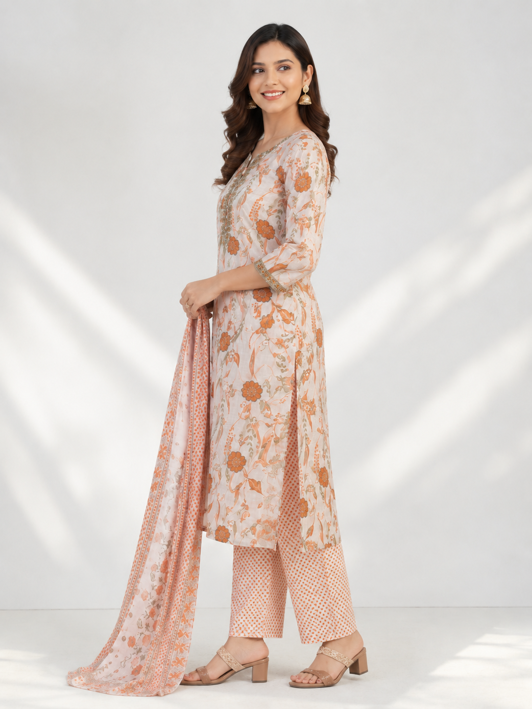 Elegant Peach Floral Printed Kurta Set with Dupatta - Image 3