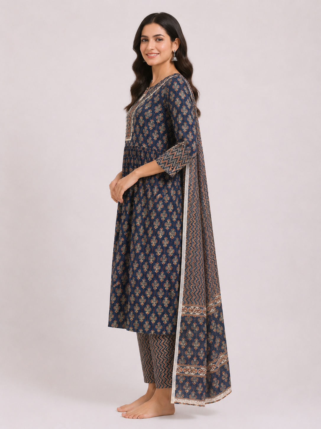 Elegant Navy Blue Printed Kurta Set with Designer Dupatta - Image 3