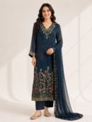 Elegant Navy Blue Floral Embroidered Suit Set with Dupatta