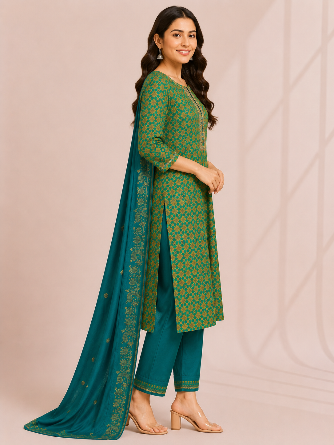 Elegant Teal Green Printed Suit Set with Dupatta - Image 2