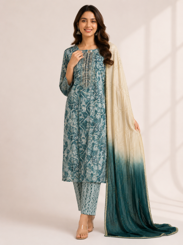 Stylish Teal Printed Kurta Set with Elegant Ombre Dupatta