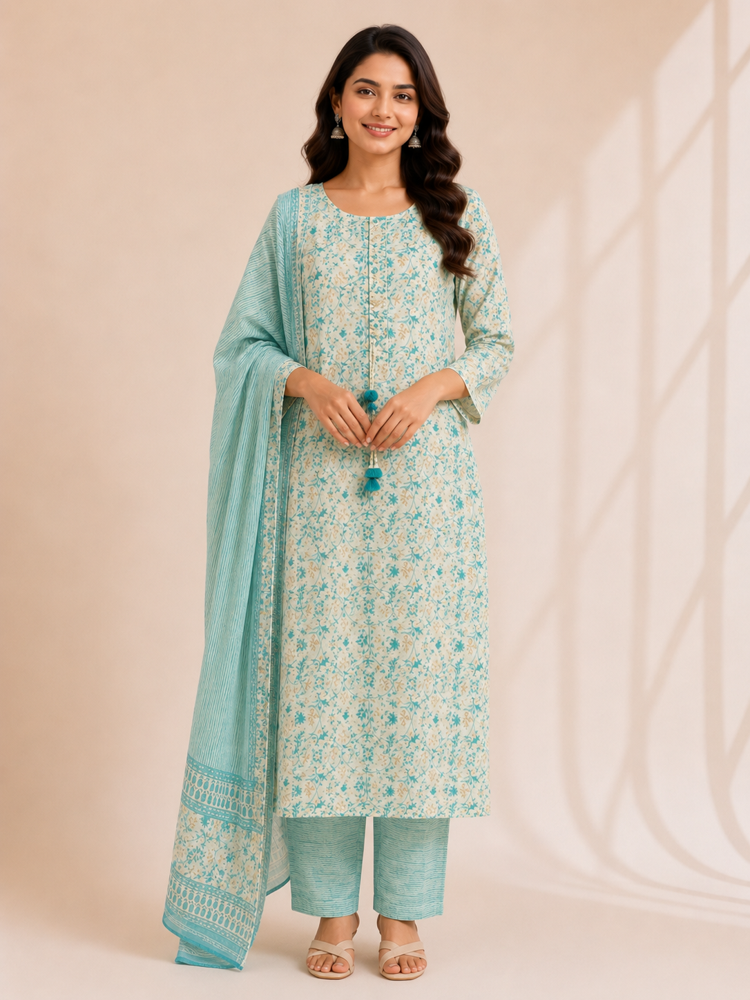 Elegant Mint Green Printed Suit Set with Dupatta