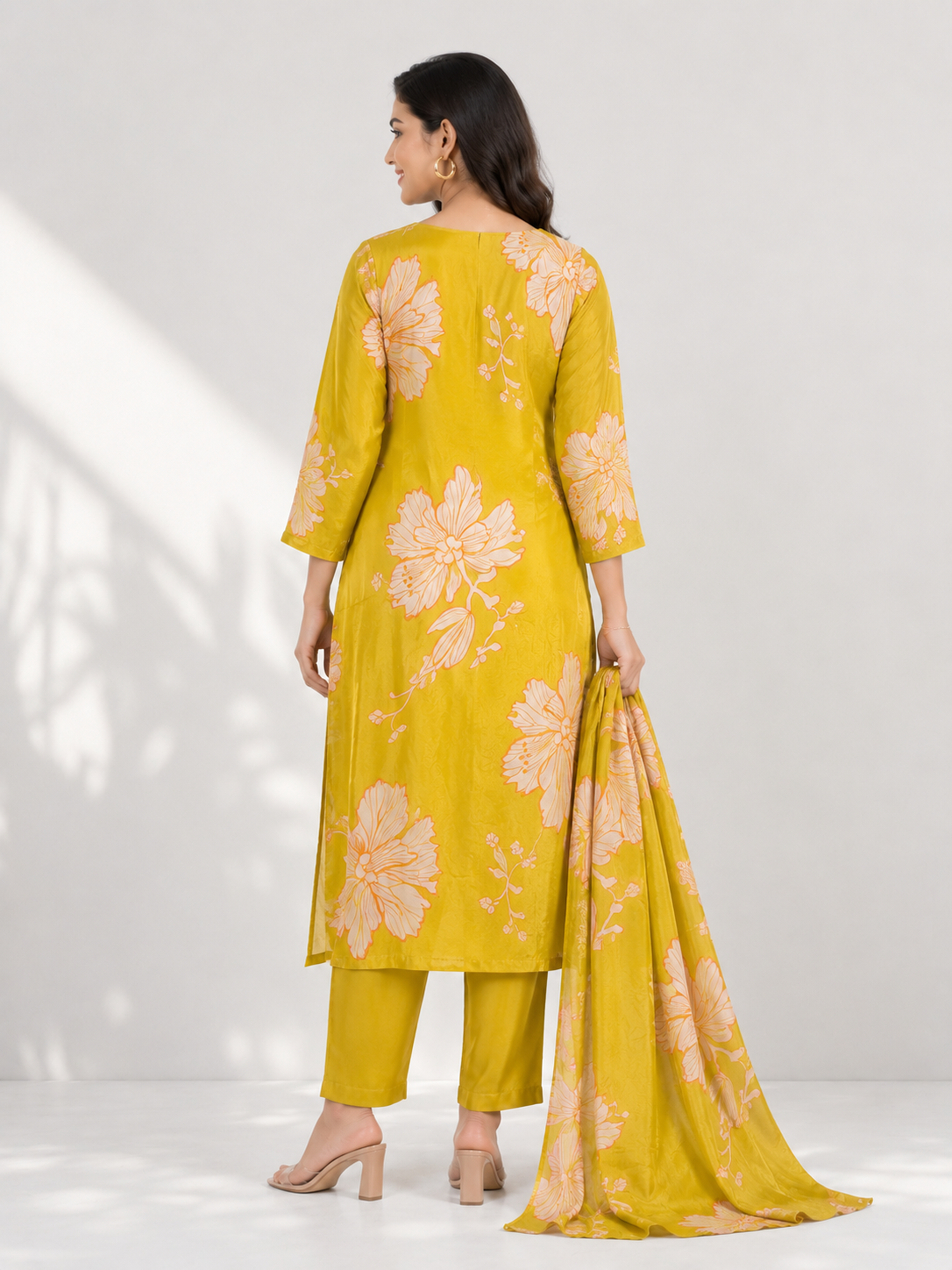Elegant Mustard Yellow Floral Printed Kurta Set with Dupatta - Image 4