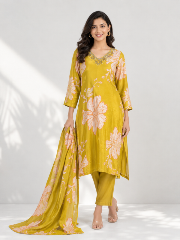 Elegant Mustard Yellow Floral Printed Kurta Set with Dupatta