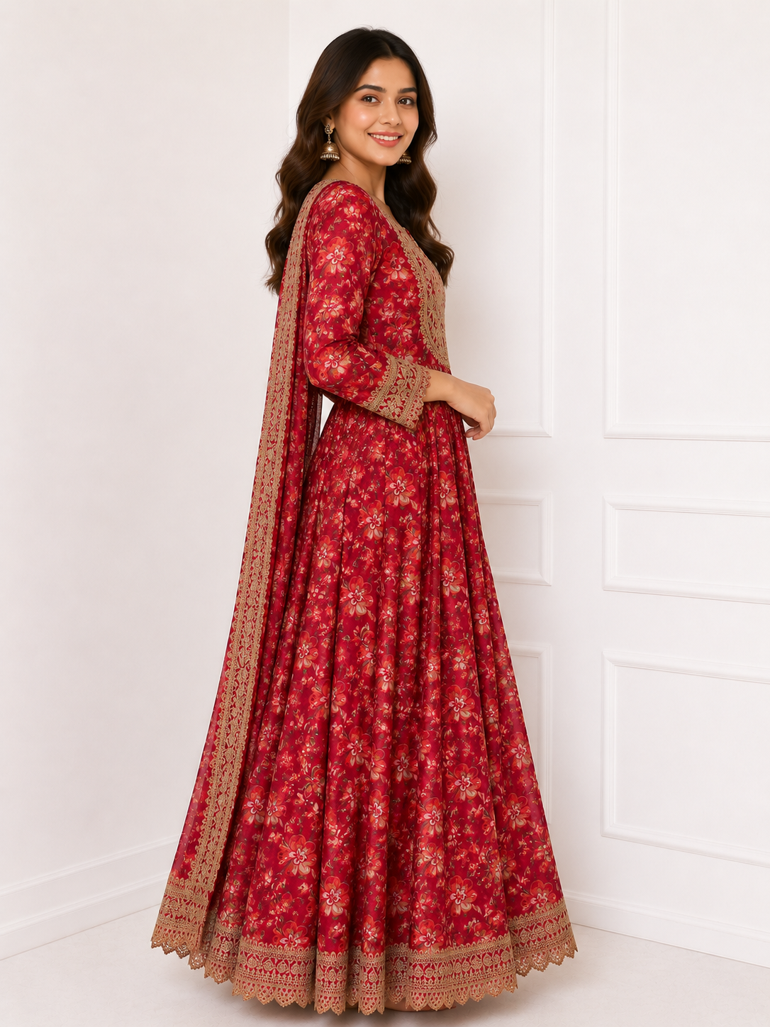 Elegant Red Floral Anarkali Suit with Dupatta - Image 2