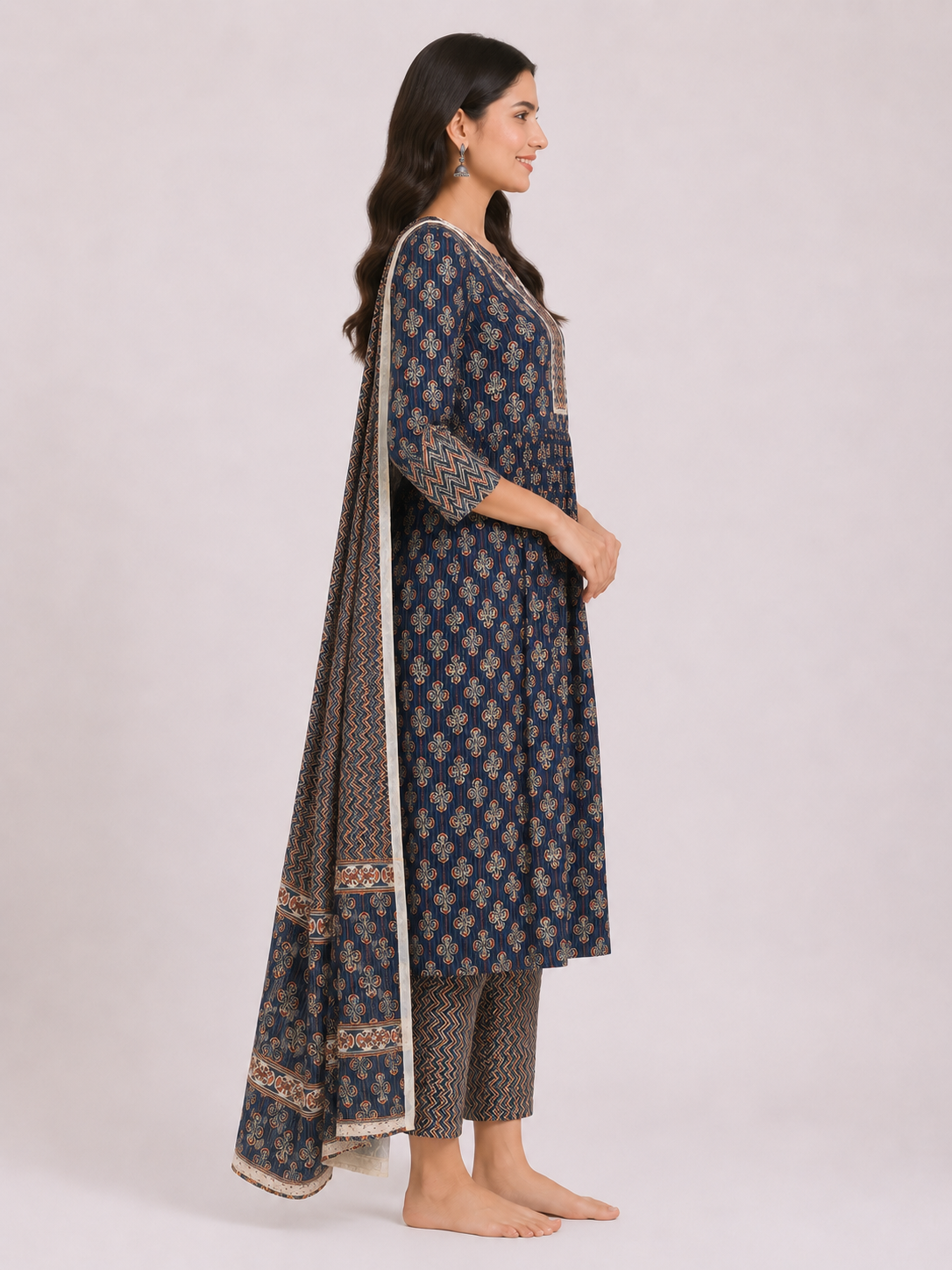 Elegant Navy Blue Printed Kurta Set with Designer Dupatta - Image 2