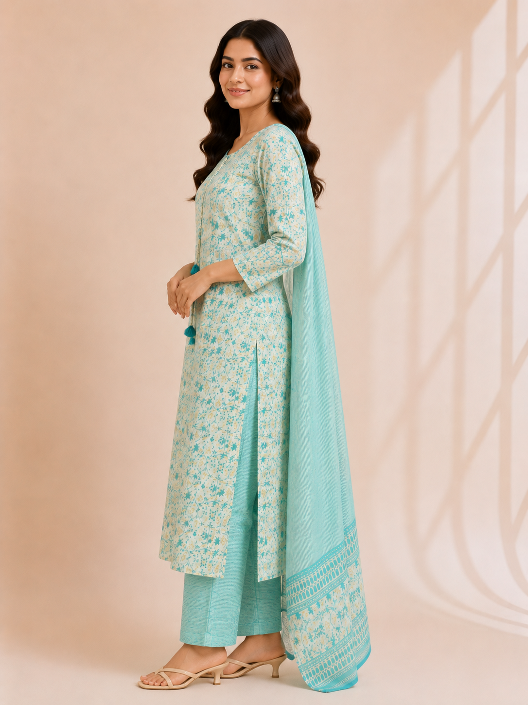 Elegant Mint Green Printed Suit Set with Dupatta - Image 3