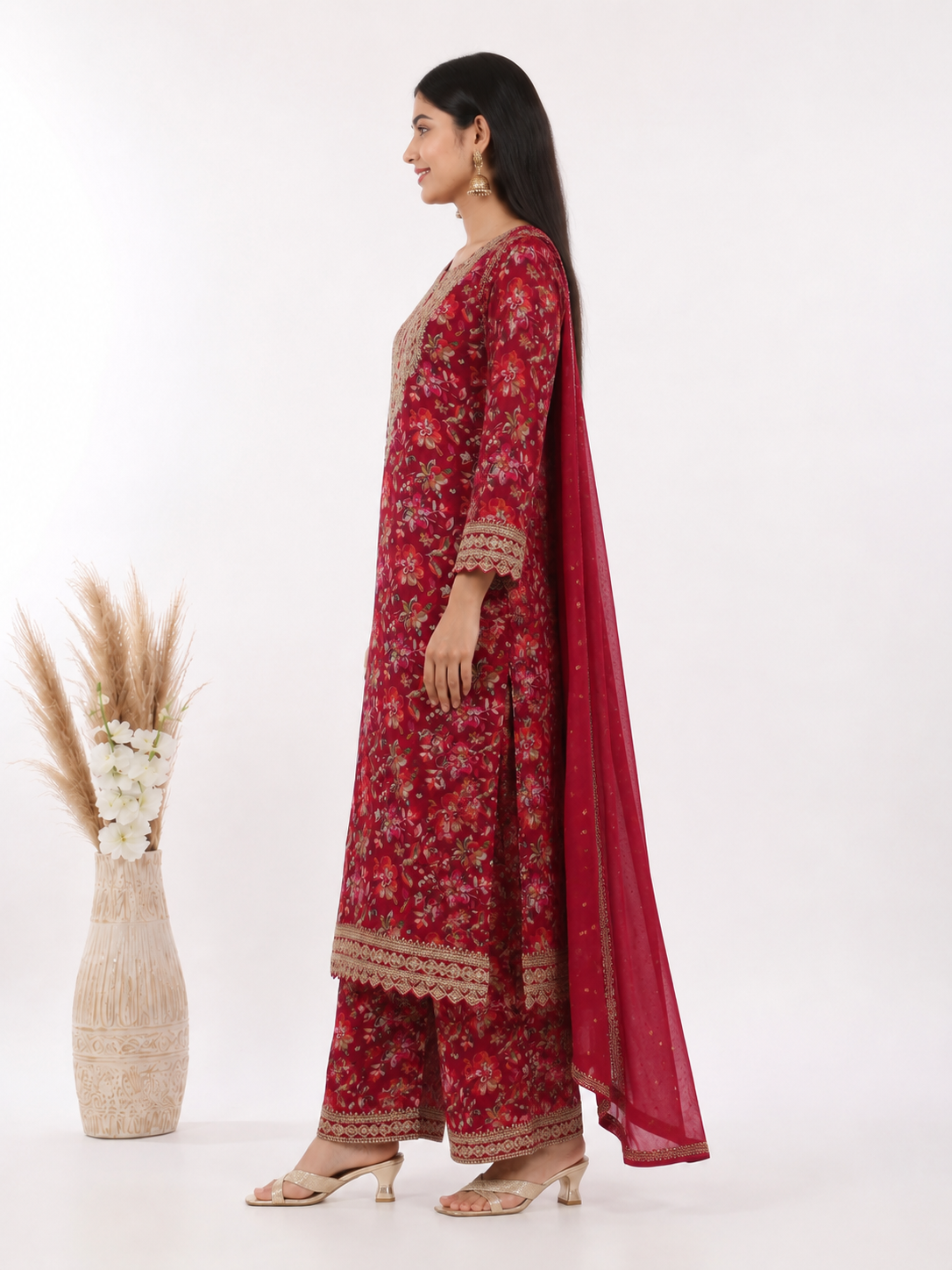 Elegant Floral Printed Maroon Kurta Set with Dupatta - Image 3