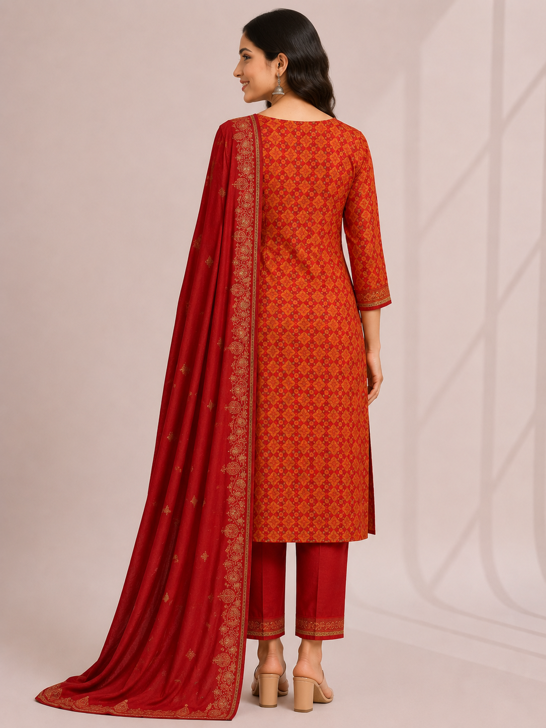 Elegant Red Printed Ethnic Suit Set with Dupatta - Image 4