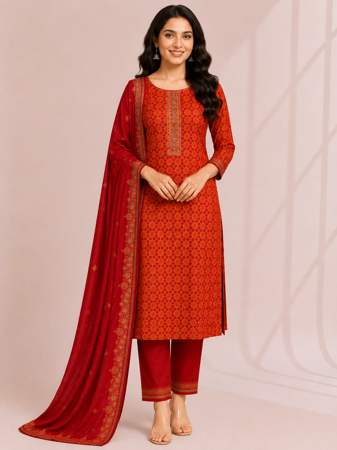 Elegant Red Printed Ethnic Suit Set with Dupatta