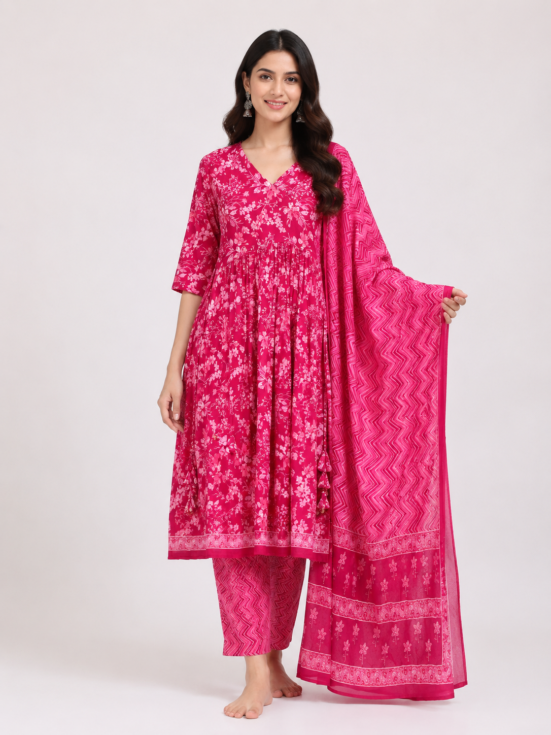 Stylish Pink Floral Printed Kurta Set with Dupatta