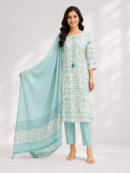 Elegant Sky Blue Floral Printed Suit Set with Dupatta