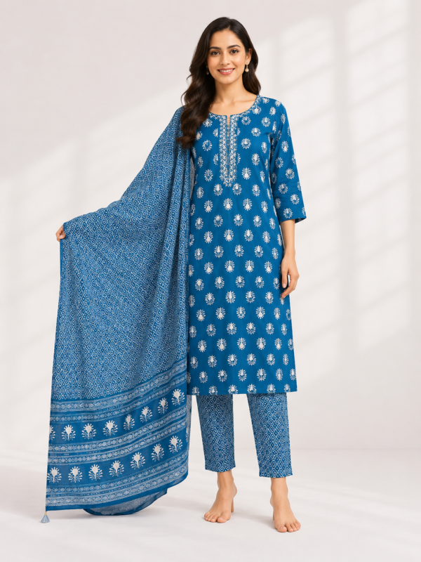 Elegant Royal Blue Printed Suit Set with Dupatta