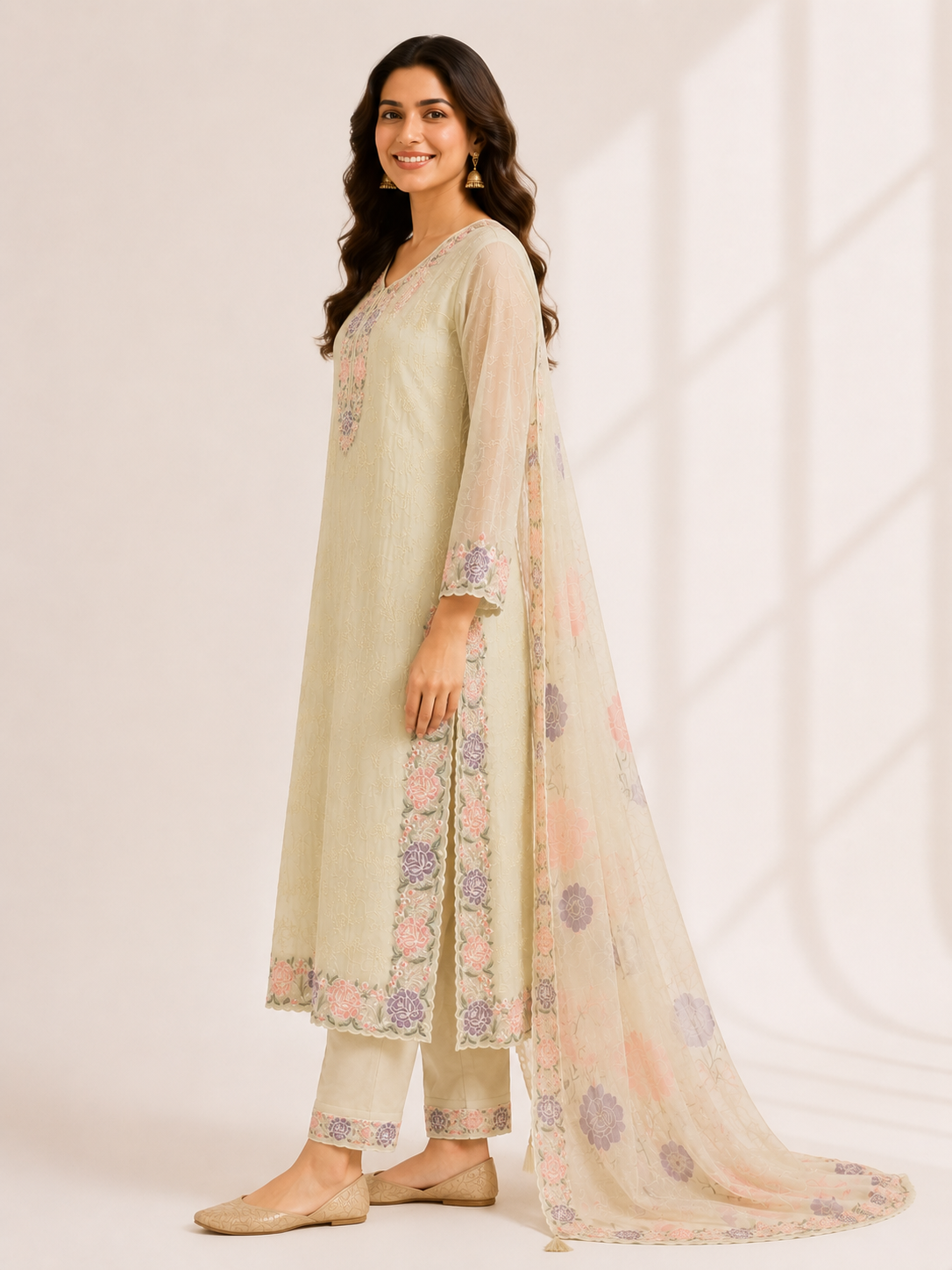Elegant Cream Floral Embroidered Suit Set with Dupatta - Image 3