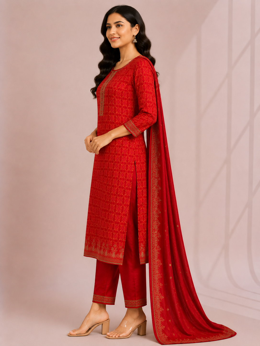 Elegant Red Embroidered Ethnic Suit Set with Dupatta - Image 3